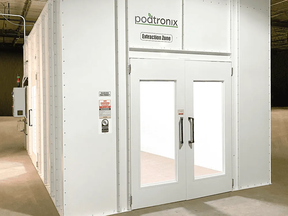 Single-wall extraction lab with branded Extraction Zone door, UL certification placard, and Class I/Division 1 classification signage.