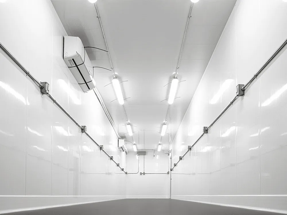 Symmetric Grow POD interior showing ceiling-mounted LED layout, mini-split AC head, and conduit drops along both wall lines.