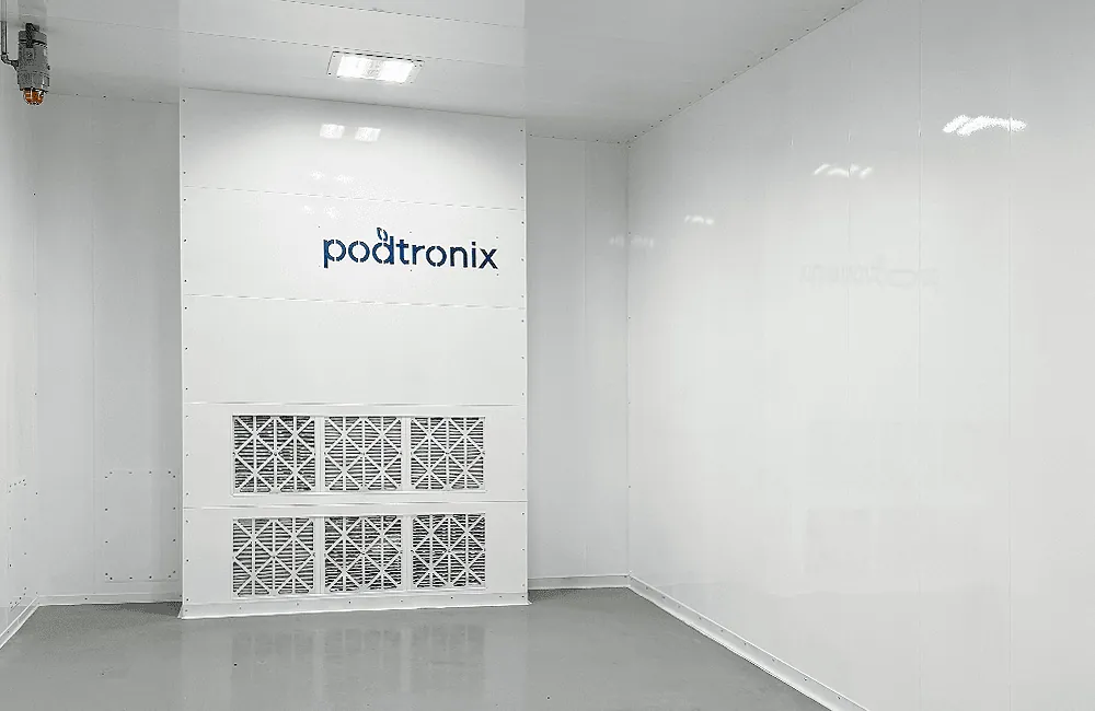 Podtronix-branded filter wall – dual MERV filter banks with flush panel cleanroom finish